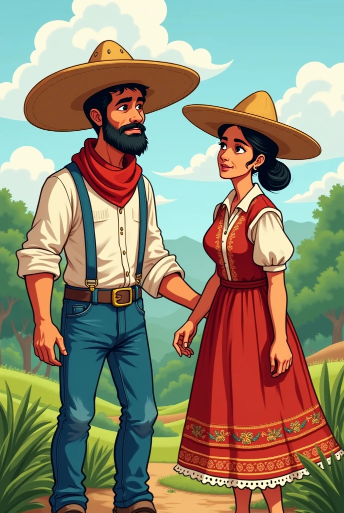 Cartoon of a Chiriquí farmer from Panama, with jean pants folded at the waist, will cure, White long sleeve shirt with rolled up sleeves, red scarf around his neck and his typical Panama hat, along with a peasant woman in her typical Chiriquí costume