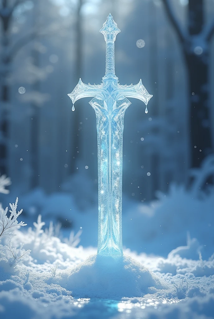 A close-up of a majestic sword made of ice, intricately carved with delicate frost patterns shimmering in the light, slowly melting on a snowy landscape. The scene is enhanced by soft, ethereal ethereal lighting casting reflections on the icy blade, creating a serene yet dynamic atmosphere. In the background, delicate snowflakes fall softly, and faint outlines of frost-covered trees create a magical winter wonderland. The image blends realism with a touch of fantasy, incorporating elements of romanticism reminiscent of Caspar David Friedrich's landscapes.