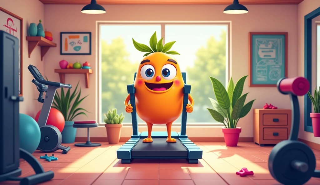 Cartoon Style，background a gym, hedonic treadmill, healthy, Plenty of light, Natural soft lighting,