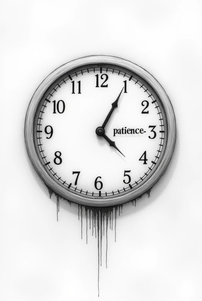 Draw a pencil sketch and Illustrate a clock to symbolize the passage of time. Place the word "Patience" as the hand of the clock and the other hand of the clock the numbers 23-26