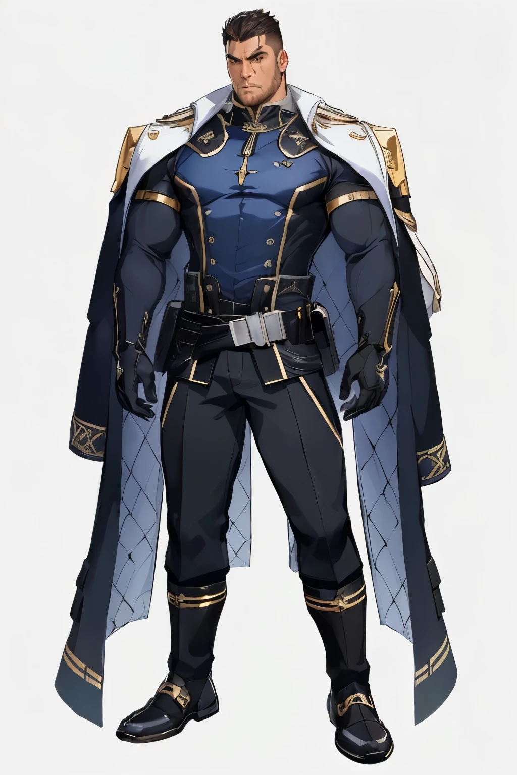 Masterpiece, Best Quality, Ultra-Detailed, 1man, solo, male, manly male, rugged, strong, bara, jock, stud, bear, short hair, black hair, wide jaw, a close up of a person in a man with a cape, genshin impact character, ( ( character concept art ) ), gilded black uniform, cyborg nobleman, best anime character design, official character art, casimir art, detailed full body concept art, picture of a male cleric, white background