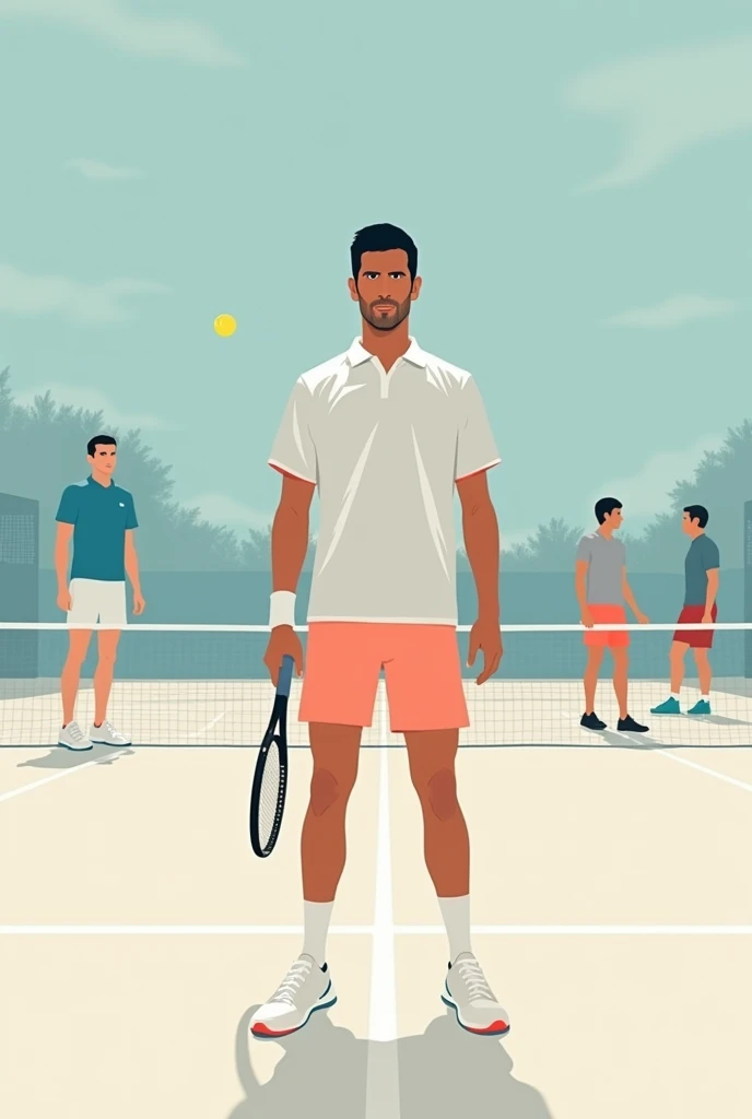 Minimalist square-sized image of Novak Djokovic with Sinner Nadal, Alcaraz and Rublev, playing a game. In the background a tennis court, with soft and pretty colors, and Novak Djokovic's English phrase: “The winner is the one who believes in victory more”. Let Novak star in the image.