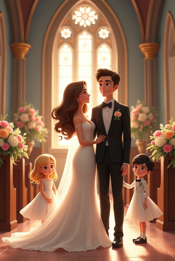 Loreto brown hair getting married to a man in church he is 180 and she is 165 same image but adds a 2 year old blonde haired girl with colored eyes and an 18 year old black haired woman taking a photograph but the girl must be with the bride and groom