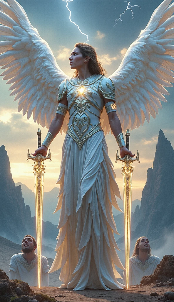 Create a hyper-realistic, awe-inspiring image for the "Five of Lights" card in the Lumen Angelis deck. The scene mirrors the composition of the Rider-Waite's Five of Swords but is reimagined within the celestial, ethereal aesthetic of Lumen Angelis. The setting is an expansive, desolate plain at twilight, with the remnants of an otherworldly battlefield stretching out under a vast, stormy sky. In the distance, towering, jagged mountains loom, shrouded in mist and illuminated by intermittent flashes of lightning, symbolizing the turbulence and conflict that has taken place. In the foreground, the central figure stands triumphantly, an angelic warrior with an imposing yet graceful presence. His wings, vast and shimmering, are spread wide, catching the last rays of the setting sun, which cast a golden, almost holy light upon them. His armor, intricately crafted from a luminous material, glows faintly with divine energy, etched with celestial runes that pulse with life. In his hand, he holds three radiant swords made entirely of light, their edges sharp and flickering with a near-ing intensity. These swords represent victory, but also the isolation that comes with it. Around him, two other angelic beings are depicted. They stand defeated and disheartened, their wings drooping, and their heads bowed in sorrow. One of them, still holding a sword of light, lets it slip from their grasp, the light dimming as it falls, symbolizing the loss and surrender. The other kneels, clutching at their chest, where faint scars of light pulse, as if their very essence has been wounded. Their garments, though still radiant, are tarnished and torn, reflecting the toll of their struggle. The background is equally symbolic. The sky, a swirling canvas of dark clouds, hints at the aftermath of a celestial storm. In the far distance, faint, ghostly figures of angels retreat into the shadows, carrying their own dimmed swords of light. The ground is littered with the remnants of fallen