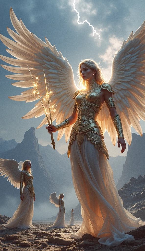 Create a hyper-realistic, awe-inspiring image for the "Five of Lights" card in the Lumen Angelis deck. The scene mirrors the composition of the Rider-Waite's Five of Swords but is reimagined within the celestial, ethereal aesthetic of Lumen Angelis. The setting is an expansive, desolate plain at twilight, with the remnants of an otherworldly battlefield stretching out under a vast, stormy sky. In the distance, towering, jagged mountains loom, shrouded in mist and illuminated by intermittent flashes of lightning, symbolizing the turbulence and conflict that has taken place. In the foreground, the central figure stands triumphantly, an angelic warrior with an imposing yet graceful presence. His wings, vast and shimmering, are spread wide, catching the last rays of the setting sun, which cast a golden, almost holy light upon them. His armor, intricately crafted from a luminous material, glows faintly with divine energy, etched with celestial runes that pulse with life. In his hand, he holds three radiant swords made entirely of light, their edges sharp and flickering with a near-blinding intensity. These swords represent victory, but also the isolation that comes with it. Around him, two other angelic beings are depicted. They stand defeated and disheartened, their wings drooping, and their heads bowed in sorrow. One of them, still holding a sword of light, lets it slip from their grasp, the light dimming as it falls, symbolizing the loss and surrender. The other kneels, clutching at their chest, where faint scars of light pulse, as if their very essence has been wounded. Their garments, though still radiant, are tarnished and torn, reflecting the toll of their struggle. The background is equally symbolic. The sky, a swirling canvas of dark clouds, hints at the aftermath of a celestial storm. In the far distance, faint, ghostly figures of angels retreat into the shadows, carrying their own dimmed swords of light. The ground is littered with the remnants of fallen