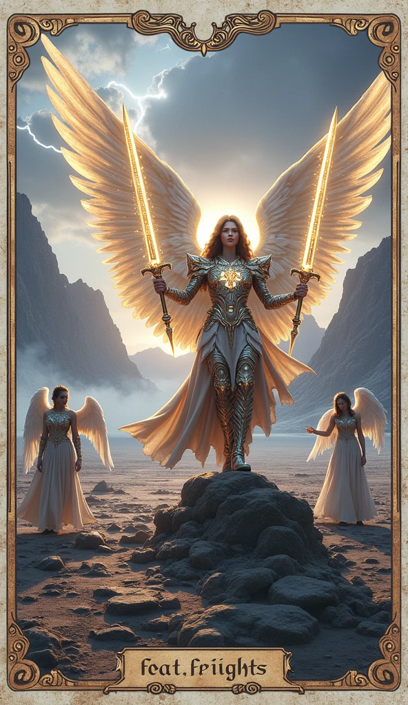 Create a hyper-realistic, awe-inspiring image for the "Five of Lights" card in the Lumen Angelis deck. The scene mirrors the composition of the Rider-Waite's Five of Swords but is reimagined within the celestial, ethereal aesthetic of Lumen Angelis. The setting is an expansive, desolate plain at twilight, with the remnants of an otherworldly battlefield stretching out under a vast, stormy sky. In the distance, towering, jagged mountains loom, shrouded in mist and illuminated by intermittent flashes of lightning, symbolizing the turbulence and conflict that has taken place. In the foreground, the central figure stands triumphantly, an angelic warrior with an imposing yet graceful presence. His wings, vast and shimmering, are spread wide, catching the last rays of the setting sun, which cast a golden, almost holy light upon them. His armor, intricately crafted from a luminous material, glows faintly with divine energy, etched with celestial runes that pulse with life. In his hand, he holds three radiant swords made entirely of light, their edges sharp and flickering with a near-blinding intensity. These swords represent victory, but also the isolation that comes with it. Around him, two other angelic beings are depicted. They stand defeated and disheartened, their wings drooping, and their heads bowed in sorrow. One of them, still holding a sword of light, lets it slip from their grasp, the light dimming as it falls, symbolizing the loss and surrender. The other kneels, clutching at their chest, where faint scars of light pulse, as if their very essence has been wounded. Their garments, though still radiant, are tarnished and torn, reflecting the toll of their struggle. The background is equally symbolic. The sky, a swirling canvas of dark clouds, hints at the aftermath of a celestial storm. In the far distance, faint, ghostly figures of angels retreat into the shadows, carrying their own dimmed swords of light. The ground is littered with the remnants of fallen