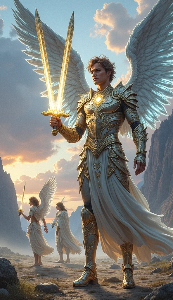 Create a hyper-realistic, awe-inspiring image for the "Five of Lights" card in the Lumen Angelis deck. The scene mirrors the composition of the Rider-Waite's Five of Swords but is reimagined within the celestial, ethereal aesthetic of Lumen Angelis. The setting is an expansive, desolate plain at twilight, with the remnants of an otherworldly battlefield stretching out under a vast, stormy sky. In the distance, towering, jagged mountains loom, shrouded in mist and illuminated by intermittent flashes of lightning, symbolizing the turbulence and conflict that has taken place. In the foreground, the central figure stands triumphantly, an angelic warrior with an imposing yet graceful presence. His wings, vast and shimmering, are spread wide, catching the last rays of the setting sun, which cast a golden, almost holy light upon them. His armor, intricately crafted from a luminous material, glows faintly with divine energy, etched with celestial runes that pulse with life. In his hand, he holds three radiant swords made entirely of light, their edges sharp and flickering with a near-blinding intensity. These swords represent victory, but also the isolation that comes with it. Around him, two other angelic beings are depicted. They stand defeated and disheartened, their wings drooping, and their heads bowed in sorrow. One of them, still holding a sword of light, lets it slip from their grasp, the light dimming as it falls, symbolizing the loss and surrender. The other kneels, clutching at their chest, where faint scars of light pulse, as if their very essence has been wounded. Their garments, though still radiant, are tarnished and torn, reflecting the toll of their struggle. The background is equally symbolic. The sky, a swirling canvas of dark clouds, hints at the aftermath of a celestial storm. In the far distance, faint, ghostly figures of angels retreat into the shadows, carrying their own dimmed swords of light. The ground is littered with the remnants of fallen