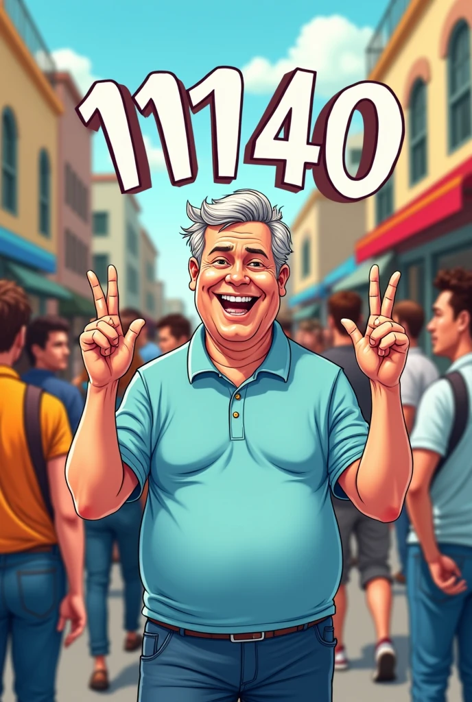 Cartoon de Um homem, a little overweight, looking 50 years old, in a light blue polo shirt, in the middle of a crowd, pointing two fingers up, and a number 11140.
