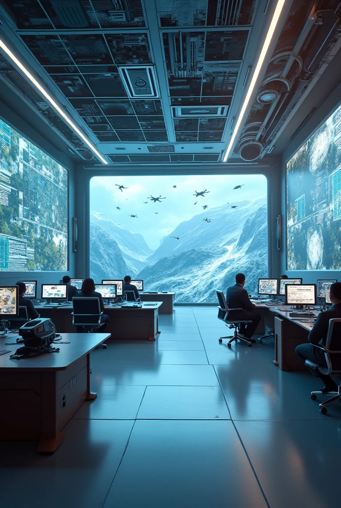Futuristic disaster response center designed to address the challenges posed by recent climate change events and natural disasters. The center is equipped with advanced technology for real-time monitoring and response, including autonomous drones for damage assessment and AI-driven simulations for emergency planning. The architecture features resilient, eco-friendly materials and is designed to withstand extreme weather conditions. Interactive screens display live updates on disaster scenarios and response efforts, while command stations coordinate rescue operations and resource allocation. The facility includes dedicated zones for training and public education on disaster preparedness and climate resilience. The image should be in high resolution (4K or higher) and present a broad view of this state-of-the-art disaster response center, emphasizing its role in managing and mitigating the impacts of global climate challenges.