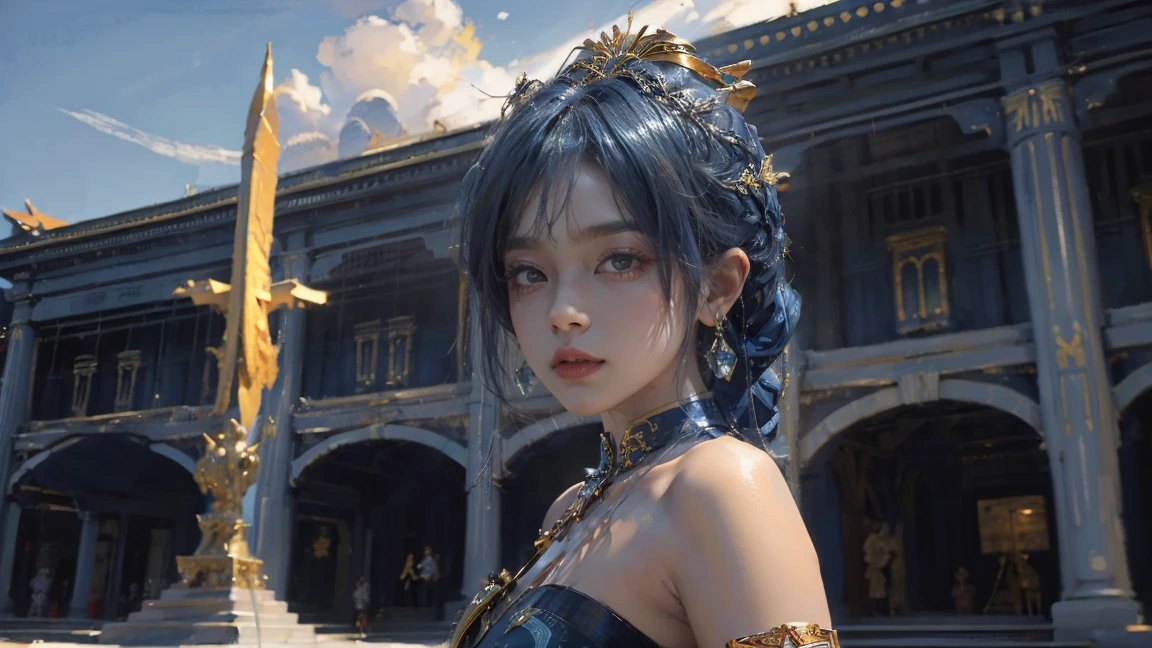 (The museum in the background:1.5)，Oil painting style,The girl is on the other side,,Gold headdress，(Blue medium hair:1.2)，Late Night,(Blue cheongsam:1.2),(Metal:1.2),(Fat Face:1.2),(Upper body:1.),(Blue armlet:1.1),Crimson lips,With bang