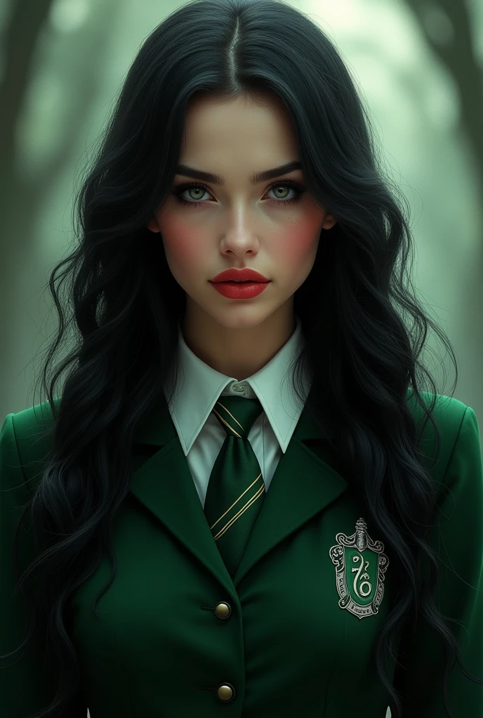 Beautiful young woman, porcelain skin, white skin, full red lips, (black, long, wavy hair) intimidating gray eyes, dressed in the Hogwarts Slytherin uniform *Drawing*