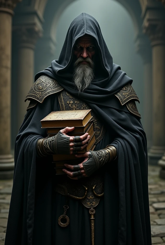 Wear a black robe, Wear a mask, old,  wearing armor and carrying books,