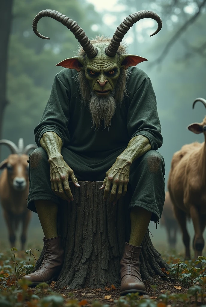 The Scary Goblin, dressed in torn clothes, with the right boot on the left foot and the left boot on the right foot , with slightly greenish skin , with a thick long beard sits on a stump, There are several wild goats grazing near it, everything is in a dark and gothic style 