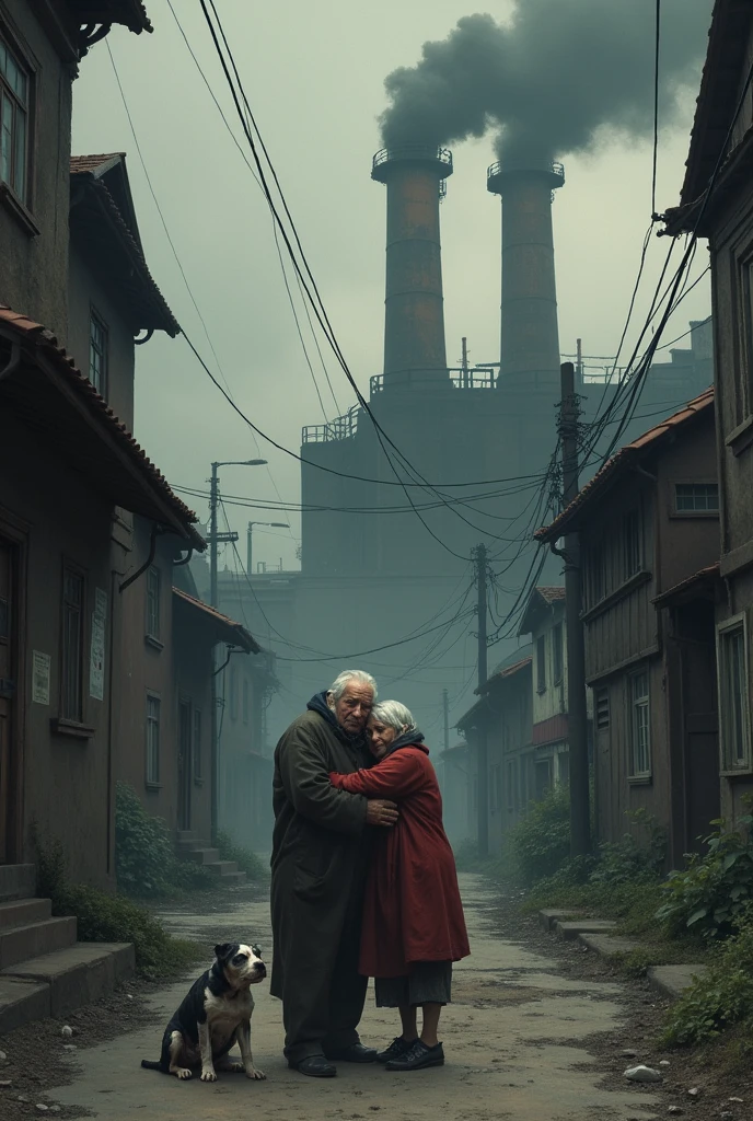 A pair of poor and abandoned grandparents, in an alley next to a black smoke factory with a humble house and a starving black and white dog