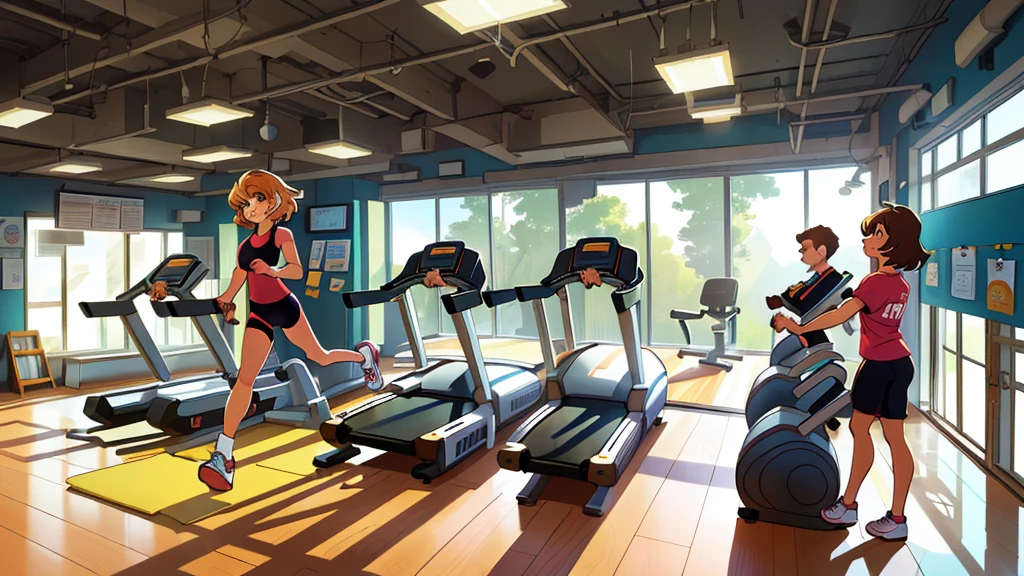 Cartoon Style，background a gym, hedonic treadmill, healthy, Plenty of light, Natural soft lighting,