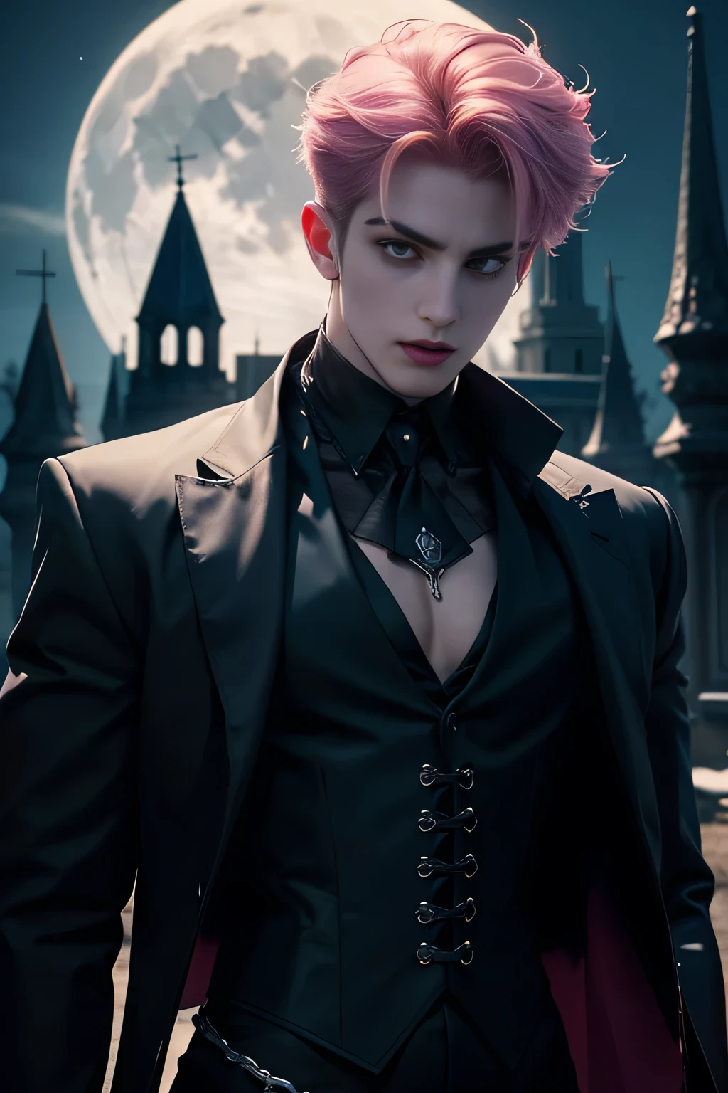 ((Best quality)), ((masterpiece)), 8k (detailed), ((perfect face)), perfect proporcions, ((halfbody)) he is a handsome vampire, he is 1, he has pink hair, gothic clothes, corset, bare chest, he extends his arms to his sides, he walks forward, there is a full moon behind him,There is a cemetery behind him ((perfect face)) ((vampire ambience)) night sky, water 