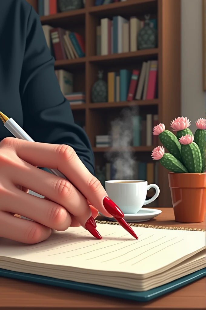 A female hand with long nails painted red, typing no notebook, secondary scene a simple office with a library, next to the notebook a cup of coffee and a small vase with some cacti blooming