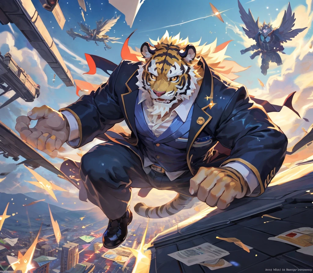 masterpiece,high quality,Japanese cartoons,Delicate eyes,Fluffy male tiger, law, Great physique,Strong arms, On the roof, Jump from buildings, The plane is circling, Sky, Files scattered everywhere, Office suit half taken off，Become a hero, Shock, (Colorful Sparkles), Flashing Lights, author：null-ghost,Pino Deheny