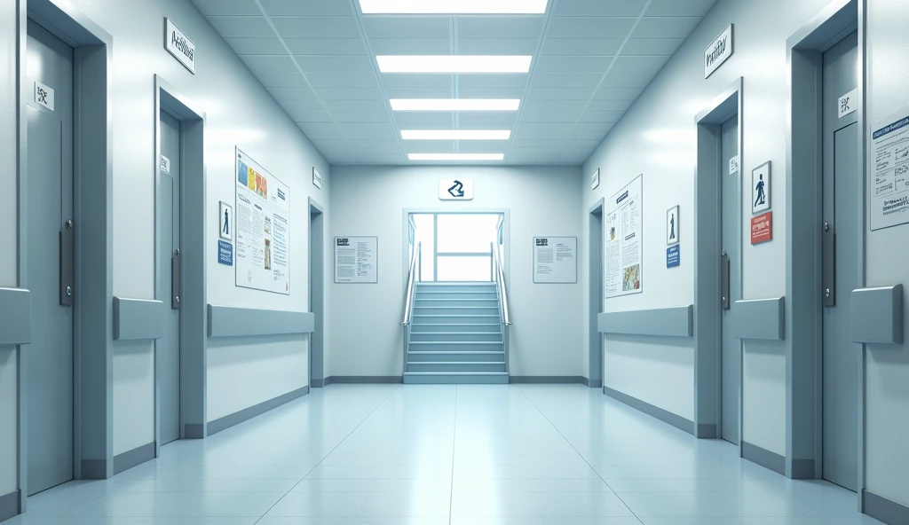 Make a hospital corridor with 4 doors and a staircase to go down