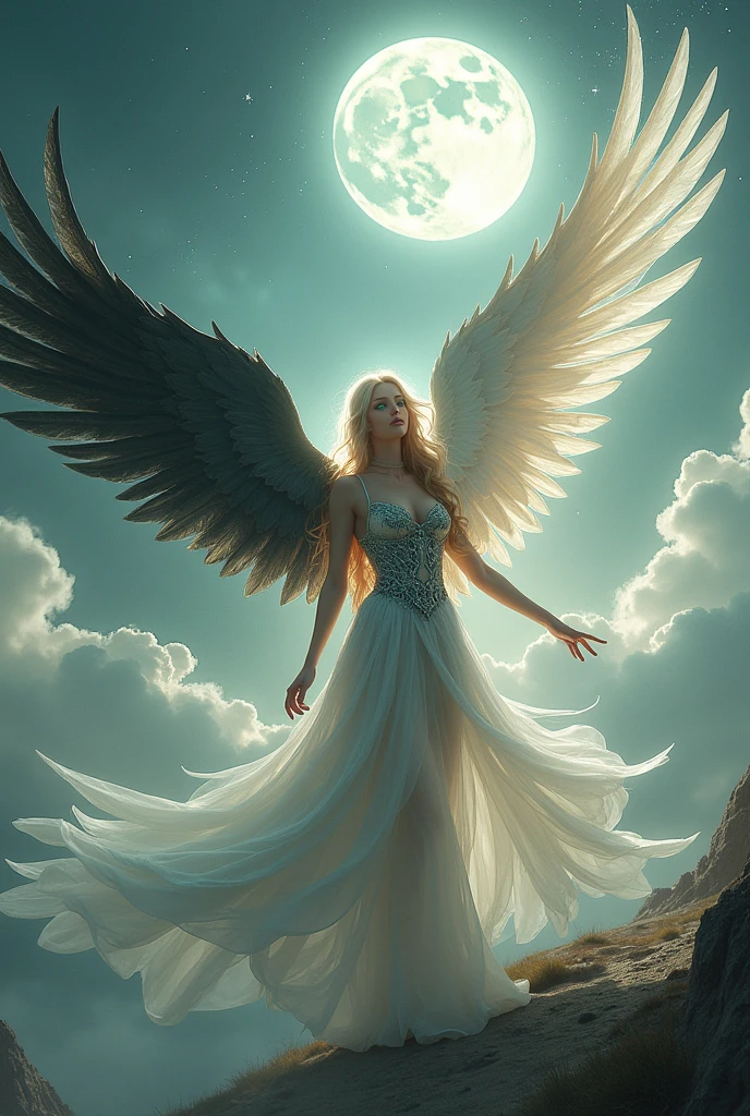 (highest quality, masterpiece, High resolution), 16K, fantasy art, RPG art a picture of (((1 female:1.8))), BREAK a (((1female Angel: 1.9))) , wearing intricate dress glam dress, ((black dress: 1.3)) pale skin, best details beautiful face , (blonde: 1.2) hair, long hair vy hair (green: 1.1) eye, High heelsブーツ, large Angelic wings, (white: 1.2) angelic wings spread BREAK ((and)) a (1female demon: 1.3), (red: 1.4) skin, Devil's Wings, (black: 1.1) Devil's Wings spread, Devil horns, (red: 1.1) skin, black hair, red eye, best details beautiful face, wearing a intricate dress glam dress, ((white dress: 1.3)), High heels, in the border between heaven and hell, moon, stars, cloud, god rays, soft nあturあl light silhouette, dynamic angle, Photorealism, panoramic view (Masterpiece 1.3, intense details) , Wide-angle, ultra-wide