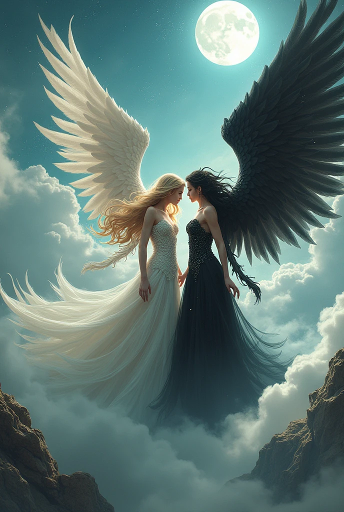 (highest quality, masterpiece, High resolution), 16K, fantasy art, RPG art a picture of (((1 female:1.8))), BREAK a (((1female Angel: 1.9))) , wearing intricate dress glam dress, ((black dress: 1.3)) pale skin, best details beautiful face , (blonde: 1.2)  hair, long hair vy hair  (green: 1.1) eye, High heelsブーツ,  large Angelic wings, (white: 1.2) angelic wings spread BREAK ((and))  a (1female demon: 1.3), (red: 1.4) skin, Devil&#39;s Wings, (black: 1.1) Devil&#39;s Wings spread, Devil horns, (red: 1.1) skin, black hair, red eye, best details beautiful face, wearing a intricate dress glam dress, ((white dress: 1.3)), High heels, in the border between heaven and hell, moon, stars, cloud, god rays, soft nあturあl light silhouette, dynamic angle,  Photorealism, panoramic view (Masterpiece 1.3, intense details) , Wide-angle, ultra-wide