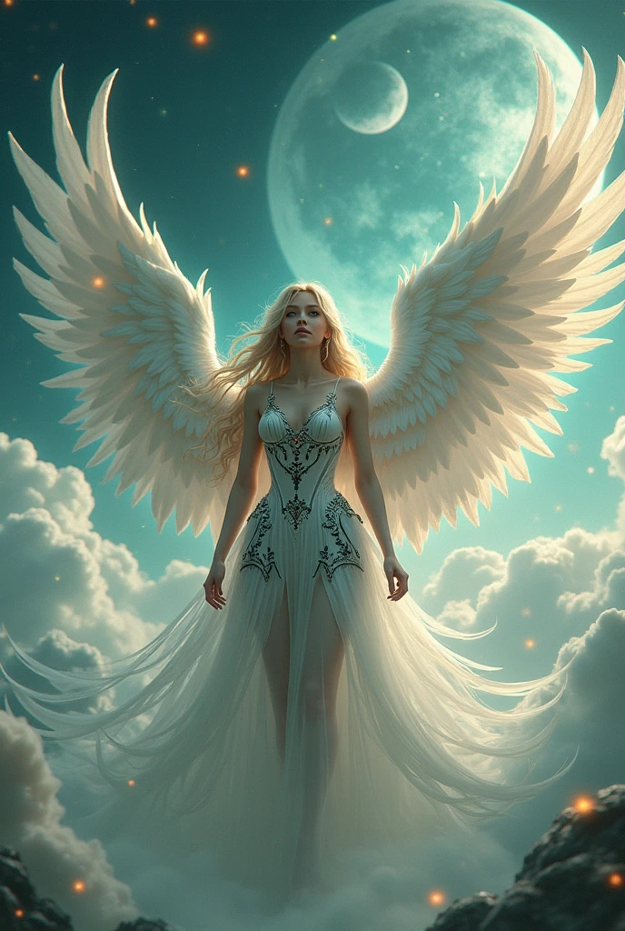 (highest quality, masterpiece, High resolution), 16K, fantasy art, RPG art a picture of (((1 female:1.8))), BREAK a (((1female Angel: 1.9))) , wearing intricate dress glam dress, ((black dress: 1.3)) pale skin, best details beautiful face , (blonde: 1.2) hair, long hair vy hair (green: 1.1) eye, High heelsブーツ, large Angelic wings, (white: 1.2) angelic wings spread BREAK ((and)) a (1female demon: 1.3), (red: 1.4) skin, Devil's Wings, (black: 1.1) Devil's Wings spread, Devil horns, (red: 1.1) skin, black hair, red eye, best details beautiful face, wearing a intricate dress glam dress, ((white dress: 1.3)), High heels, in the border between heaven and hell, moon, stars, cloud, god rays, soft nあturあl light silhouette, dynamic angle, Photorealism, panoramic view (Masterpiece 1.3, intense details) , Wide-angle, ultra-wide