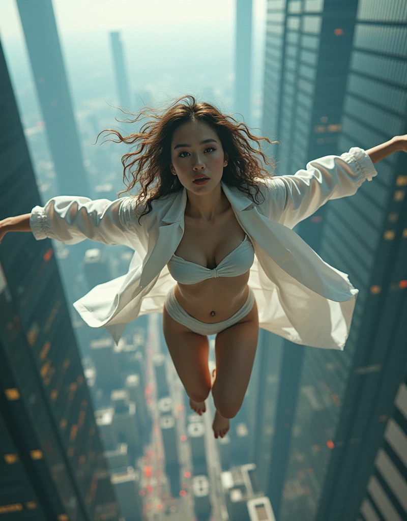 NFSW, photo-realistic, ultra-realistic, very beautiful Japanese, famous Japanese idol, 20 years old, dramatic scene, masterpiece, beautiful eyes, mad scientist, conducting a crazy experiment, She developed a special ability to fly, flying between the skyscrapers, amazing view from the sky, (very large breasts:1.3), acrobatic pose, dynamic angle, wearing dynamic outfits for mad scientist