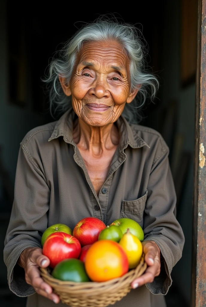 photography of a 90 year old Indonesian grandmother dressed in shabby clothes offering fresh fruit while smiling with sparkling eyes, only one tooth left