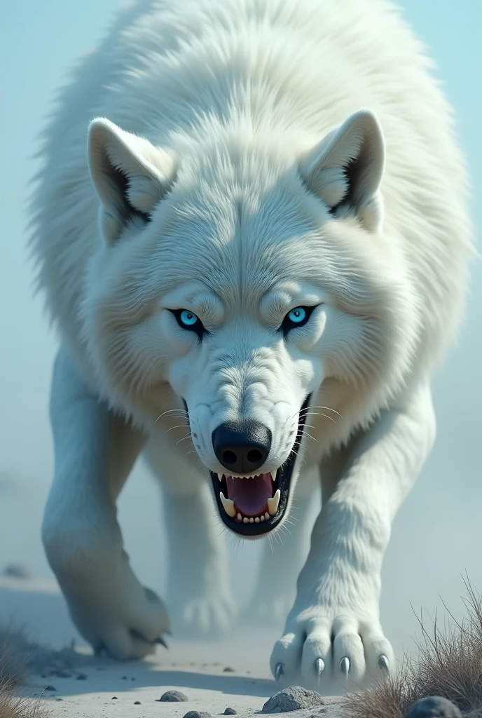 Huge white wolf about to attack with light blue eye. Let your full body be seen