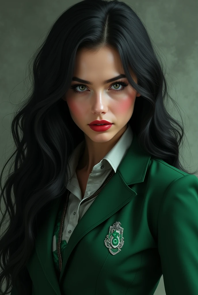 Beautiful young woman, porcelain skin, white skin, full red lips, (black, long, wavy hair) intimidating gray eyes, dressed in the Hogwarts Slytherin uniform *Drawing*