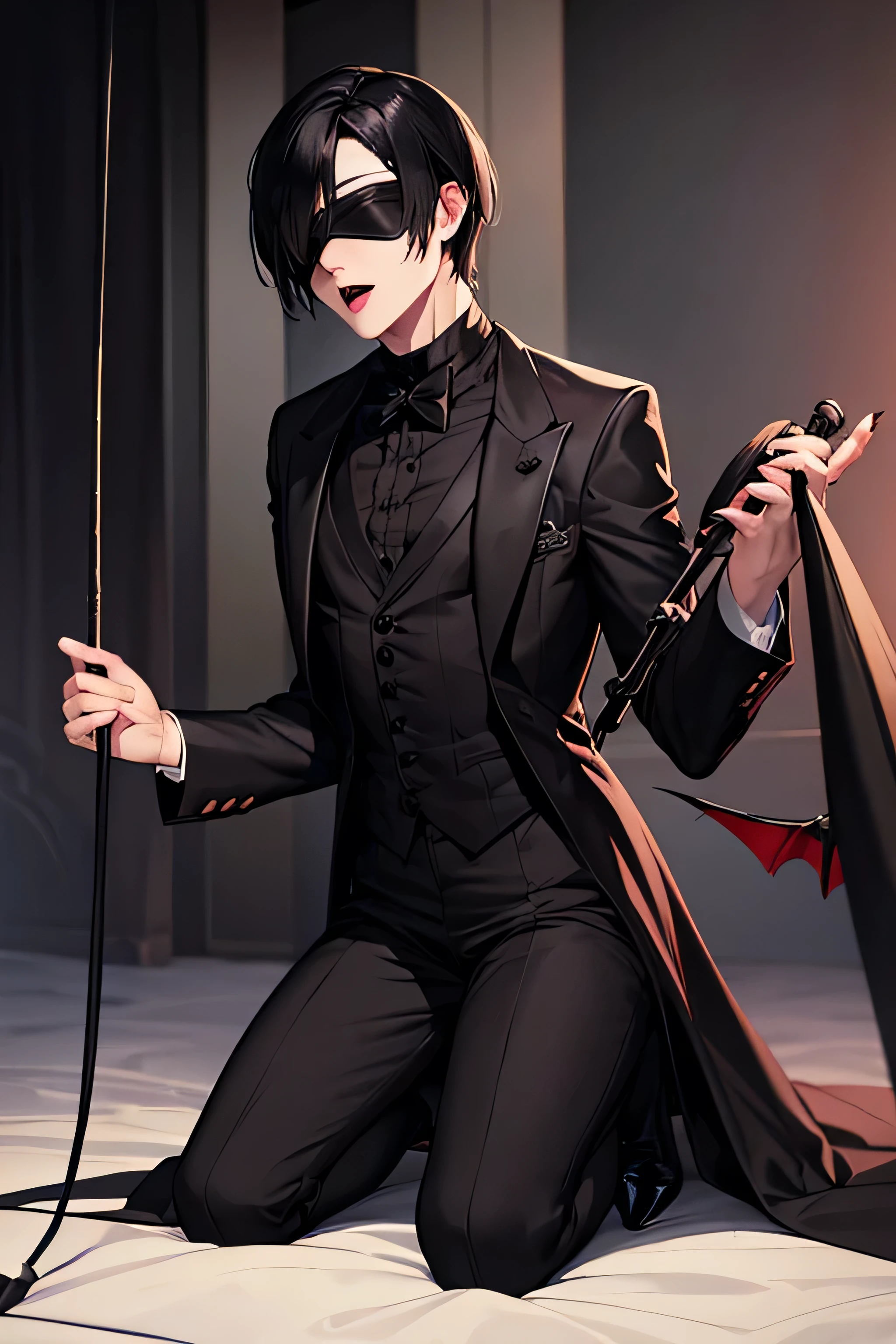 Vampire boy with black blindfold and black hair and cane and bats in background
