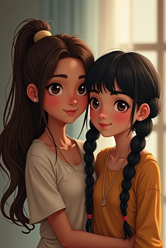 Two best friends, one tall with long brown hair and brown eyes and the other shorter in stature with black hair and black eyes with two braids and bangs 