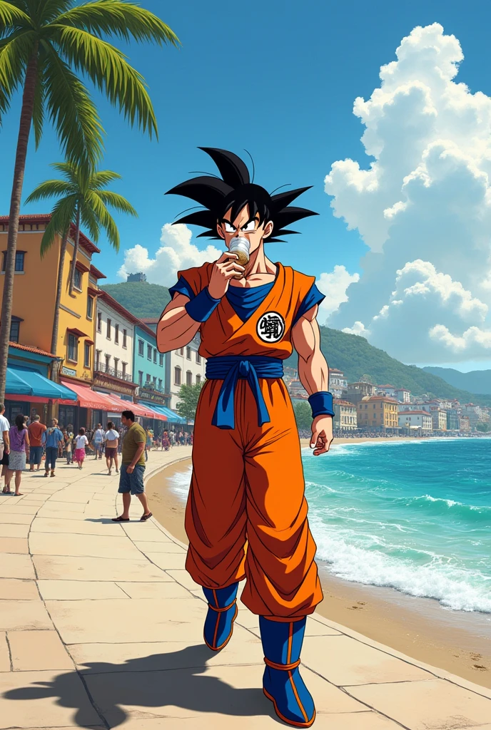Goku drinking mate on the promenade in Uruguay