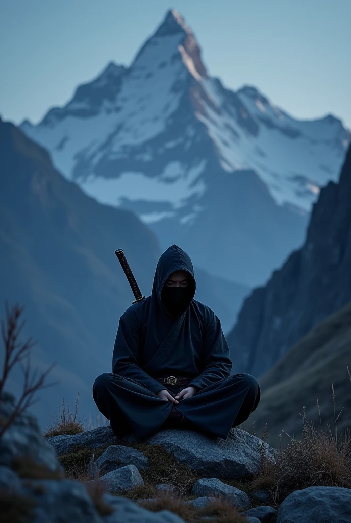 Japanese ninja with katana on his back meditating in the mountains at night