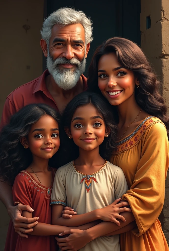 a family of dark-skinned peasants, the brown father, The black-haired mother and two girls, One is brown-haired and the other is black-haired like her brother.. Everyone smiles when looking at the camera