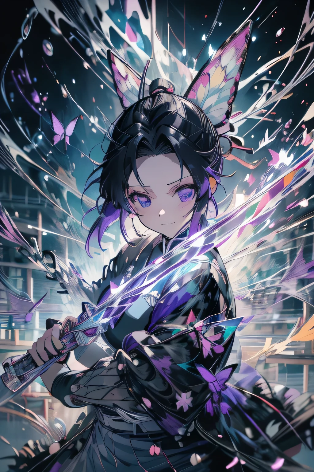 anime, Demon slayer, Shinobu Kocho, Black hair with purple tips, Purple eyes, Black clothes, Black trousers, Wear white clothes, night, Colorful neon butterflies flying in the background, Black and purple Japanese sword, (((masterpiece:1.4))), (Highest quality:1.4), (Ultra-high resolution:1.4), (Highest quality:1.2), (Super detailed:1.3), Realistic:1.1
