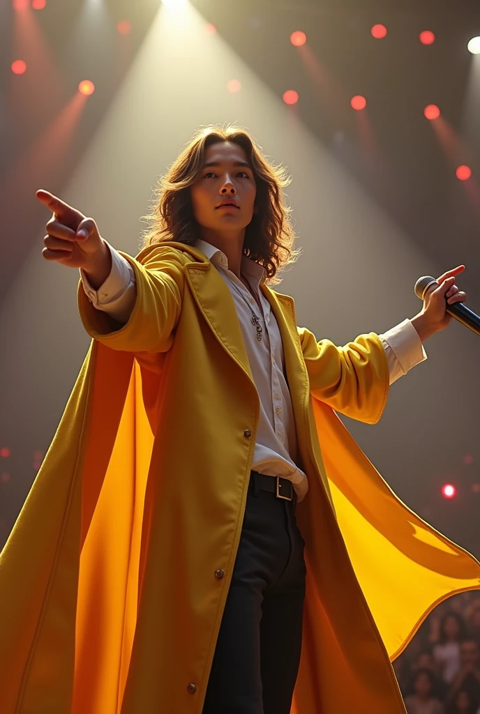 artwork best quality handsome american male teenager long brown hair light skin with yellow cape and hooded coat on head white long sleeve shirt underneath intricate details singing holding a microphone seen from afar pointing to the audience at a concert with details uhq 8k
