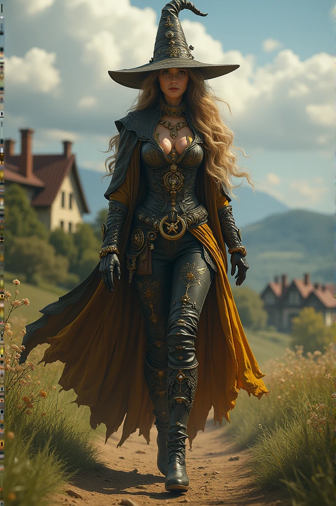 A female wizard who controls time and space wearing a steampunk outfit as she walks through the countryside near a well-made house in the countryside