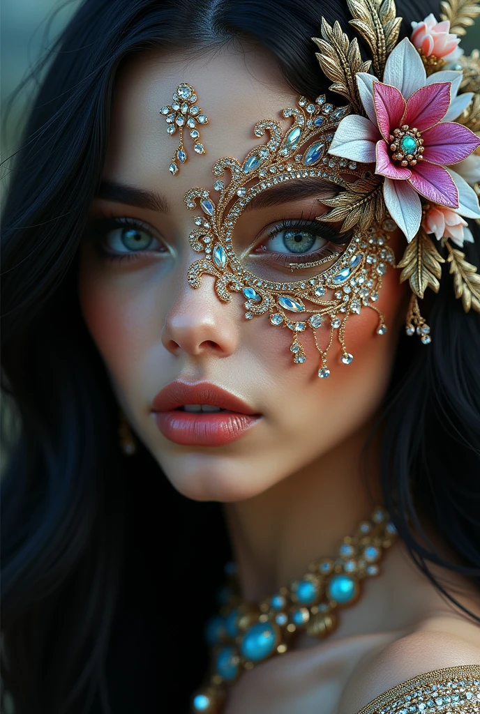 Wide-view, distanced, high quality, 8K
Ultra HD, winning master photography, photo RAW, (dark purple, blood orange red, royal blue, peridot green): woman, full front, extremely realistic, extremely detailed, three dimensional, anthropomorphic view of a gorgeous woman's realistic brown face adorned with gloriously glittering, icy-white European-cut diamonds outlining her overly-large, tiger-eye gemstone iris' eyes, and shimmering gold hairline, blending into the extra long real black hair. one side of her face is blooming dainty gold filigree and a mix of stunning, icy crystal flowers and leaves of (((dark purple tanzanite))), (((Dark Fire Opal))), (((dark Blue Opal))), and (((vibrant peridot))) from the eye socket and masking the whole side of the face amid a fancy openwork of flower vine, plumage spread throughout the extra long hair blowing in the wind.