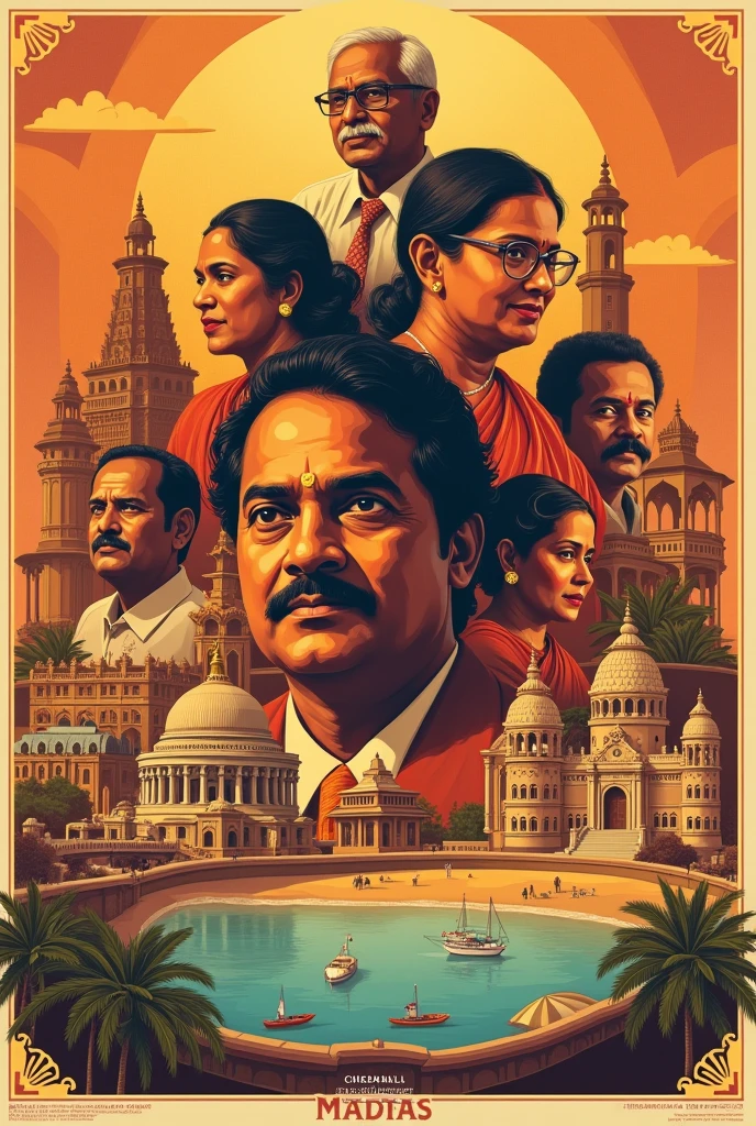 Make a poster having the places people and moments of madras . Where a message - word ( madras) is revealed when eyes are squinted
Colour palette of terracota, ochre and warm brown with yellow .
Covering ### **People**
1. **C. Rajagopalachari**:
2. **M. G. Ramachandran (MGR)**:
4. **A. R. Rahman**:
5. **M. S. Subbulakshmi
### **Places**
1. **Marina Beach**: .
2. **Fort St. George**:
3. **Kapaleeshwarar Temple**:
4. **Santhome Basilica**:
5. **Government Museum**: l
### **Moments**
1. **Establishment of the Madras Presidency (1785)**:
2. **Anti-Hindi Agitations (1965
3. **Cyclone Vardah (2016)**:
5. **Chennai Floods (2015)**: ,