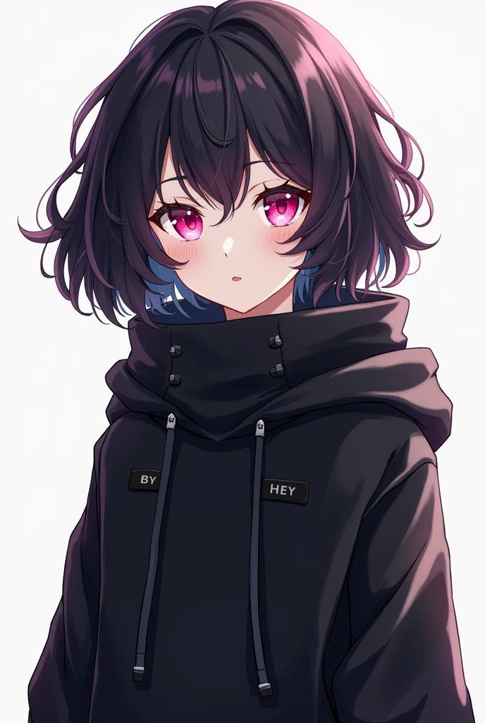 Short curly hair girl, pink eyes, White skin, black hair, black long-necked jacket that covers it completely, strong that she seems carefree, black hair and the drawing style is anime, that she doesn't have bangs, lets her forehead be seen and gives detail to the eyes