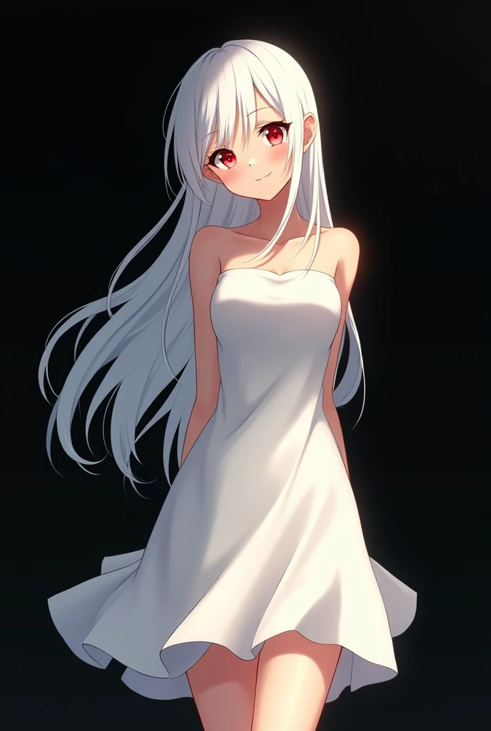 The image is in the style of a Ghibli studio anime., It features a 20-year-old albino adult woman.. She is standing with her back to a black wall, She has long hair and red eyes. Shown with a smile. She has a white dress that reaches her knees.. strong thighs.