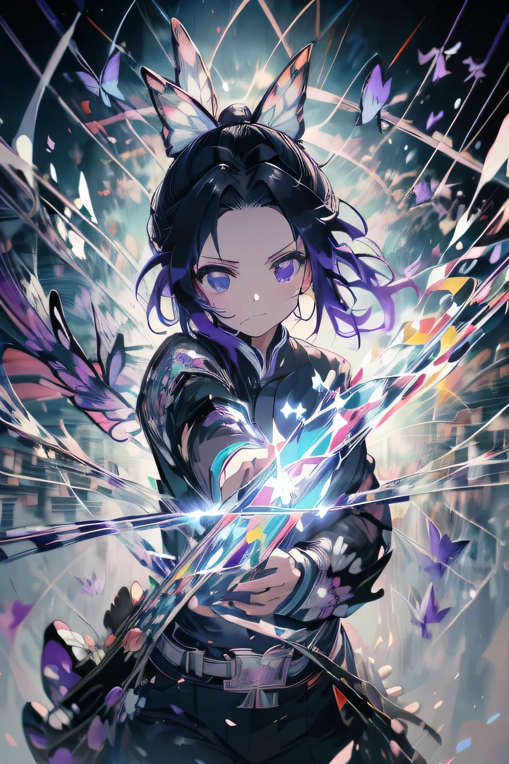 anime, Demon slayer, Shinobu Kocho, Black hair with purple tips, Purple eyes, Black clothes, Black trousers, Wear white clothes, night, Colorful neon butterflies flying in the background, Black and purple Japanese sword, (((masterpiece:1.4))), (Highest quality:1.4), (Ultra-high resolution:1.4), (Highest quality:1.2), (Super detailed:1.3), Realistic:1.1