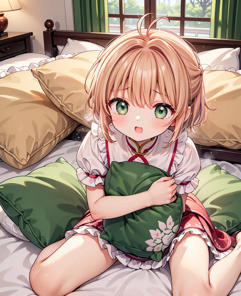 （masterpiece，best quality，best quality, masterpiece），Mine, , , (适合任何Pillow背景的光影））, 用Pillow遮挡身体的可爱女孩在Pillow上摆姿势 ，No clothes，,（很多Pillow），Soft cushion，，，，很多Pillow，，，（Pillow），，，（充满细节的Pillow），（Around the protagonist），steam，，（Pillow），（palace），（palace殿卧室），（Pillow），柔软的Pillow，，（Classical European style bedroom ），（excited，shy person，Lack of expressiveness，），，, ((Maximum resolution)), artwork, ，,,(Interior of the palace),,(Deluxe Rococo Canopy King Bed),Luxurious curtains with ornate ruffles and ribbons hang around the large bed.,((((床上堆满了许多Pillow)))),Quilt details,Detailed bed linen,Ruffled Bed Skirt,Deep Bed,Background with depth,((详细的Pillow)), ((((大量的Pillow))))，,，详细的软Pillow,,((女孩正躺在许多柔软的Pillow上,周围有许多Pillow))，、In a huge, Large canopy bed、Soft pink sheets and quilt、色彩鲜艳的柔软Pillow、很多的Pillow、Pastel-toned bed、Ruffled curtains around the bed.。Delicate face。Background with depth,Sakura Kinomoto,(Sakura Kinomoto, 1 Girl, Brown hair, short hair, Antenna hair, , Green Eyes),MASTURBATING WITH PILLOW，sitting，happy，，open mouth，holding a pillow