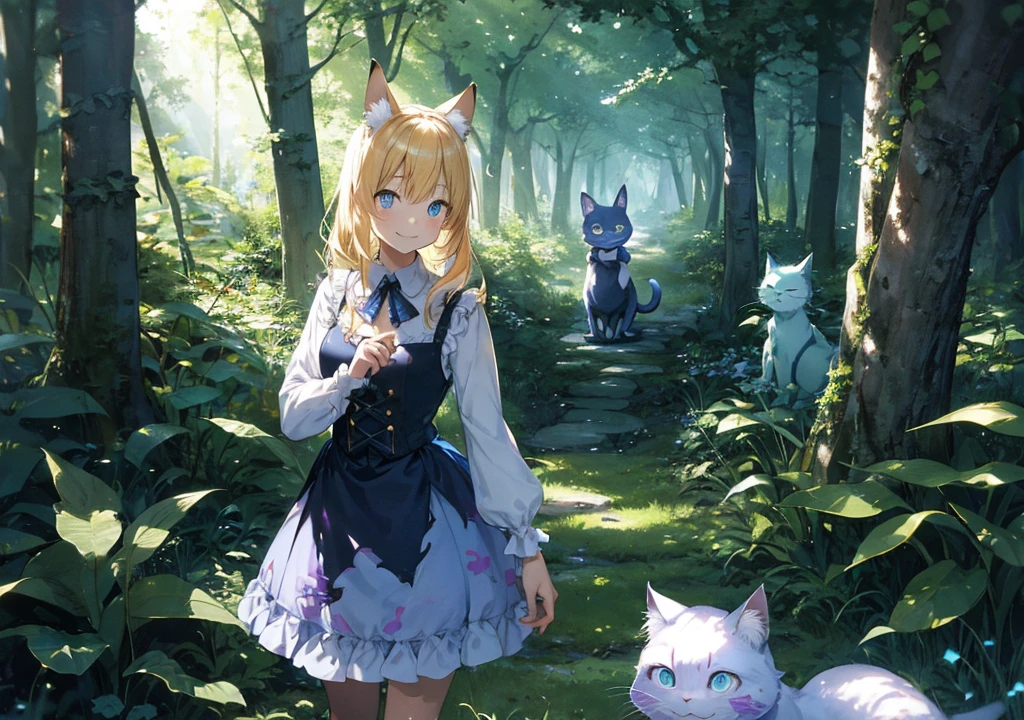 A scene where the Cheshire Cat with a mysterious smile faces the beautiful Alice with blond hair. The cat is translucent and shining eerily, and Alice has a surprised look on her face. In the forest, a mysterious light shines between the trees, creating a fantastical background