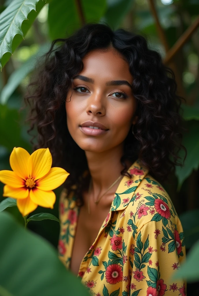 A Brazilian woman in a lush tropical garden, wearing an open shirt with a floral print, with a close-up capturing the harmonious beauty between her breasts and the natural flowers, showing off your natural charm and outgoing personality.