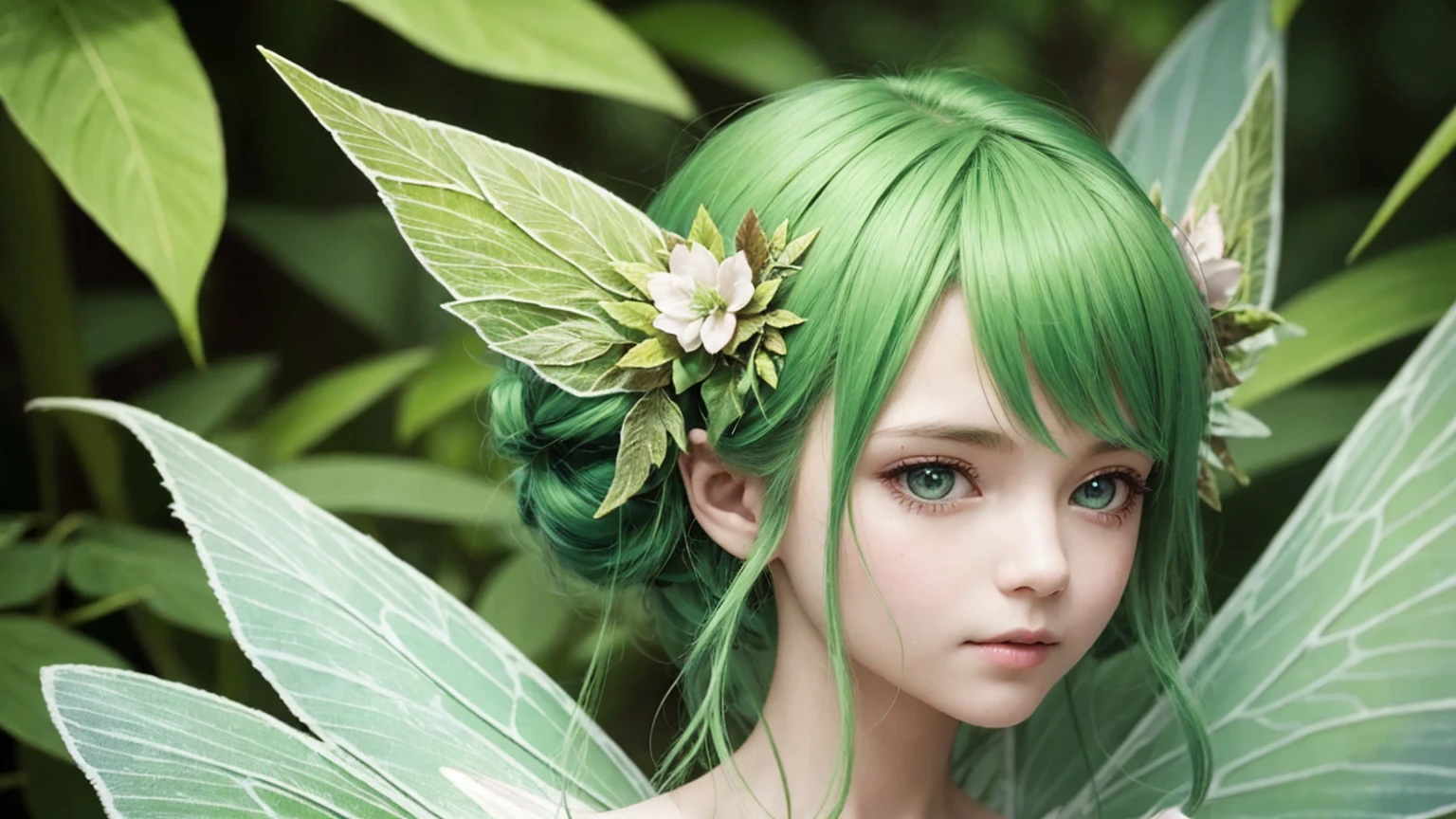 “Create an extreme close-up portrait of a Leaf Fairy. The fairy should have vibrant green hair, delicate leaf or flower-like wings, and a serene expression. The background should be heavily blurred to emphasize the fairy’s face, with soft, nature-inspired colors.”