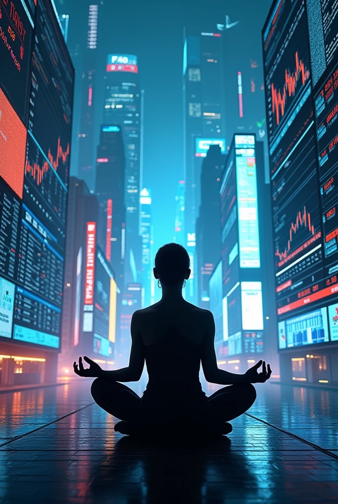 A person meditating with stock market screens behind him