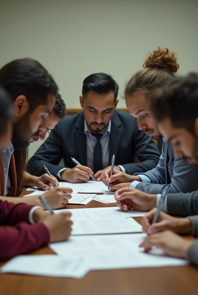 6 people in a room filling out a form photo image and with their faces lowered
