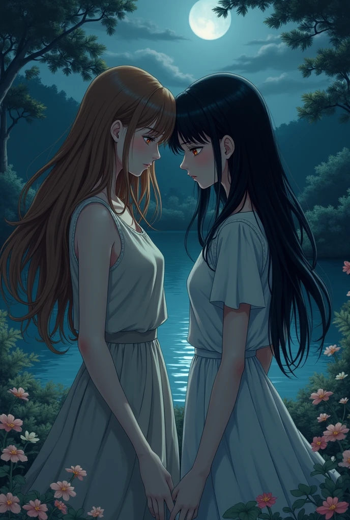 A GARDEN , a lake, AT NIGHT TWO WOMEN WITH BROWN HAIR AND BLACK HAIR SAD